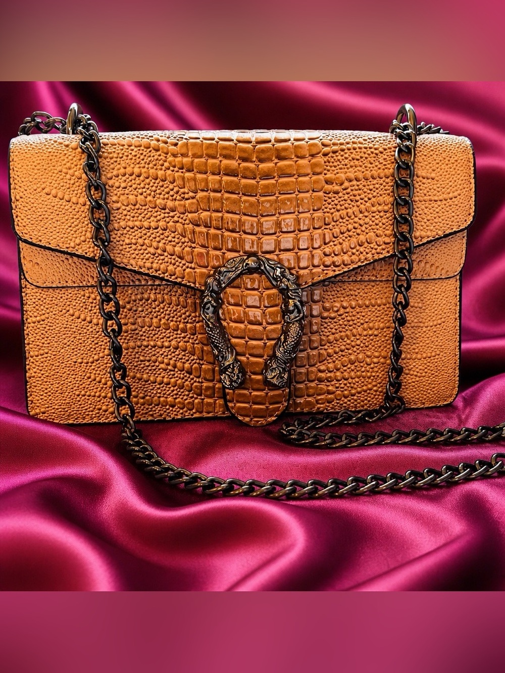Tan Vegan PU leather Croc-Embossed purse with shoulder strap/adjustable chain